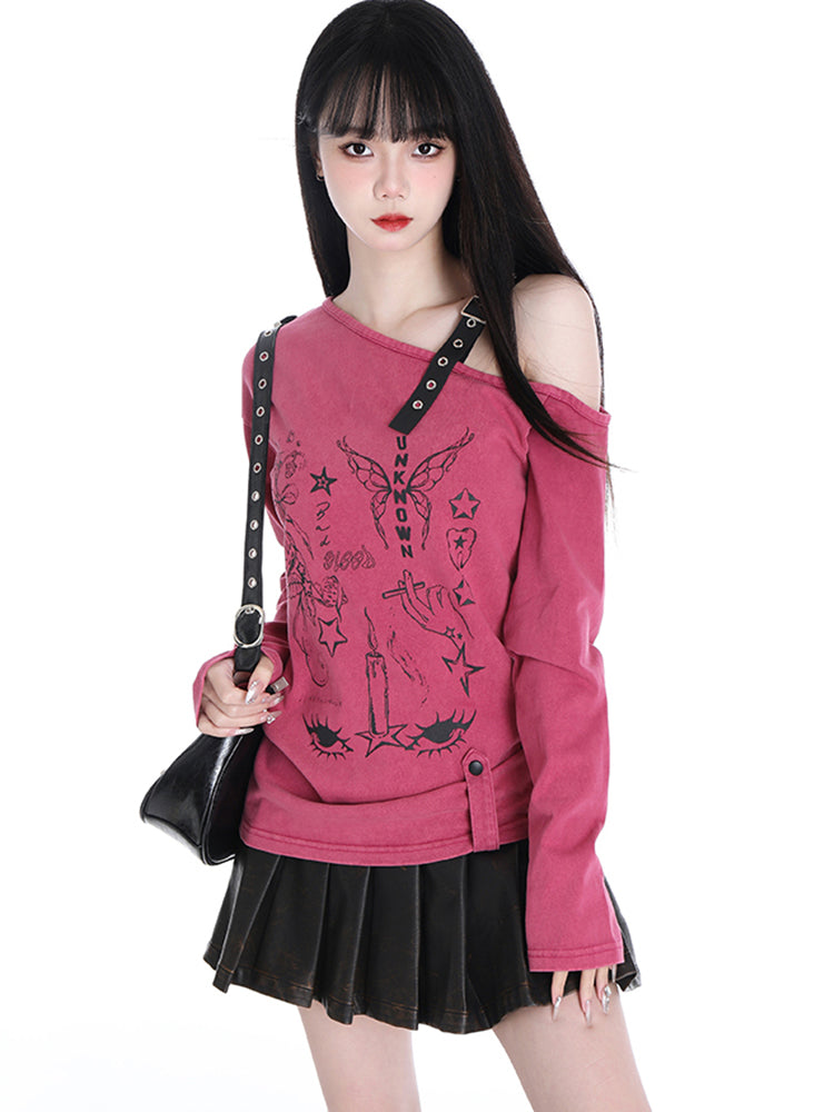 Spring Autumn American-style Printed Off-shoulder Pink/Gray Sweatshirt