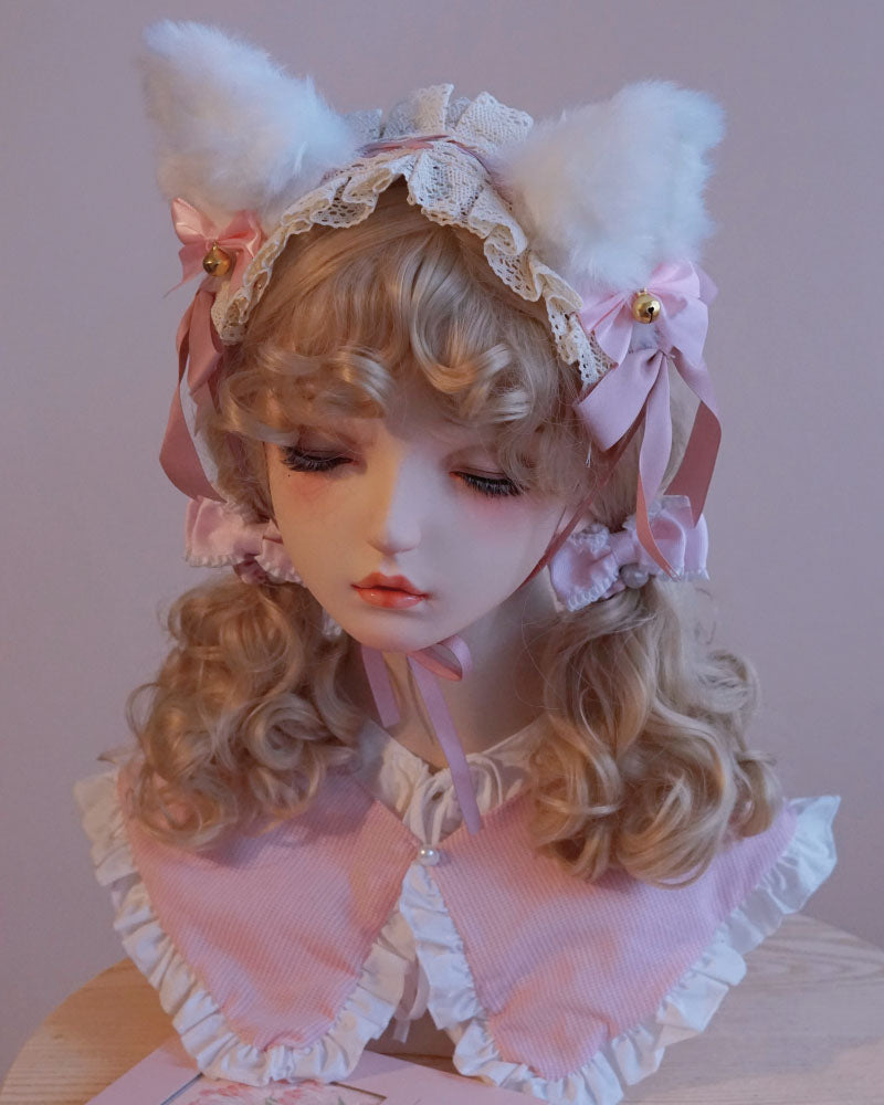 White Cat Ear Fluffy Headband with Bell and Bow