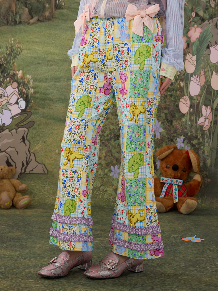Patchwork Animal Floral Ruffle Flare Pants