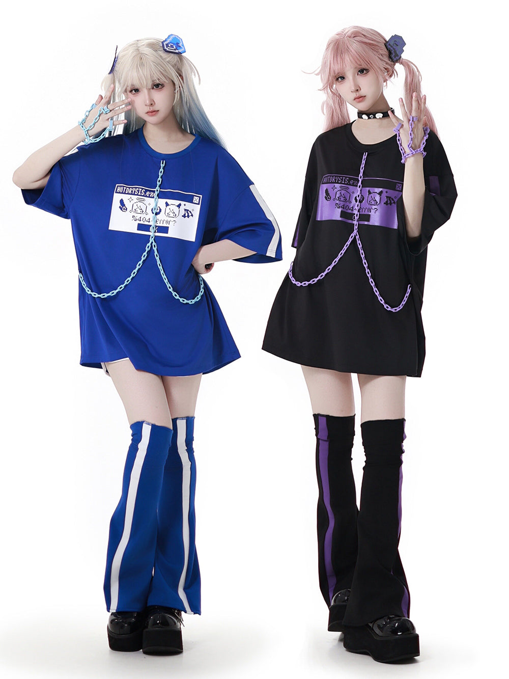 Cyber Y2K Pixel Tee Shorts Leg Warmers Hair Clip