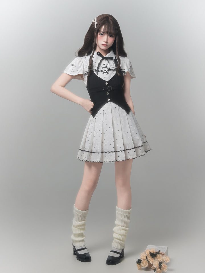 Kawaii Polka Dot Pleated Dress with Black Vest