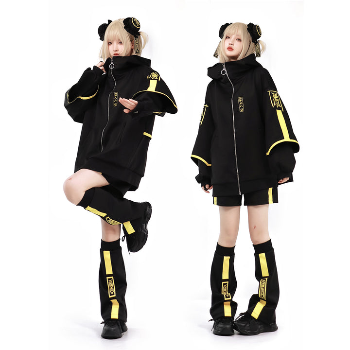 Black and Yellow Luminous Jacket Arm Warmers Leg Warmers Shorts Pants Hairclips