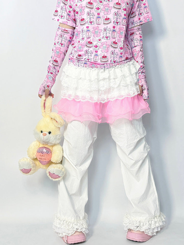 White Pink Ruffle Lace Wide Leg Pants