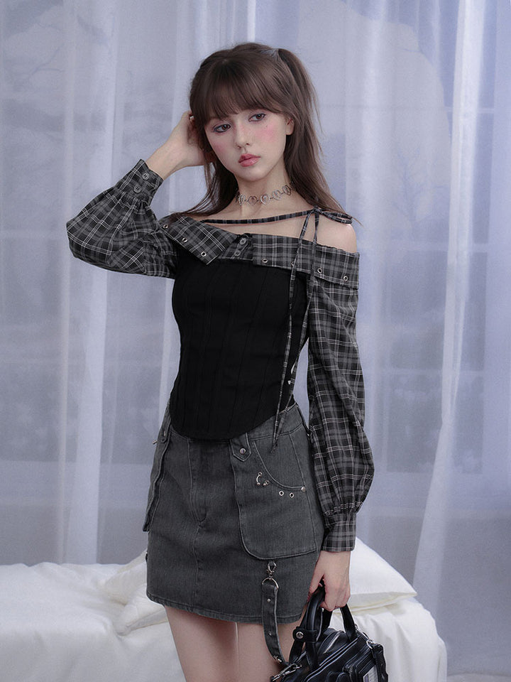 Subcul Grunge Plaid Off-Shoulder Corset Top