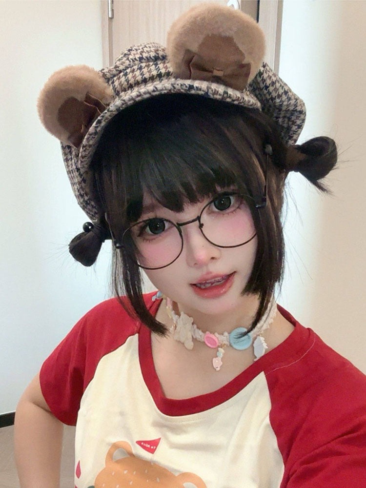 Brown Houndstooth Bear Ear Beret