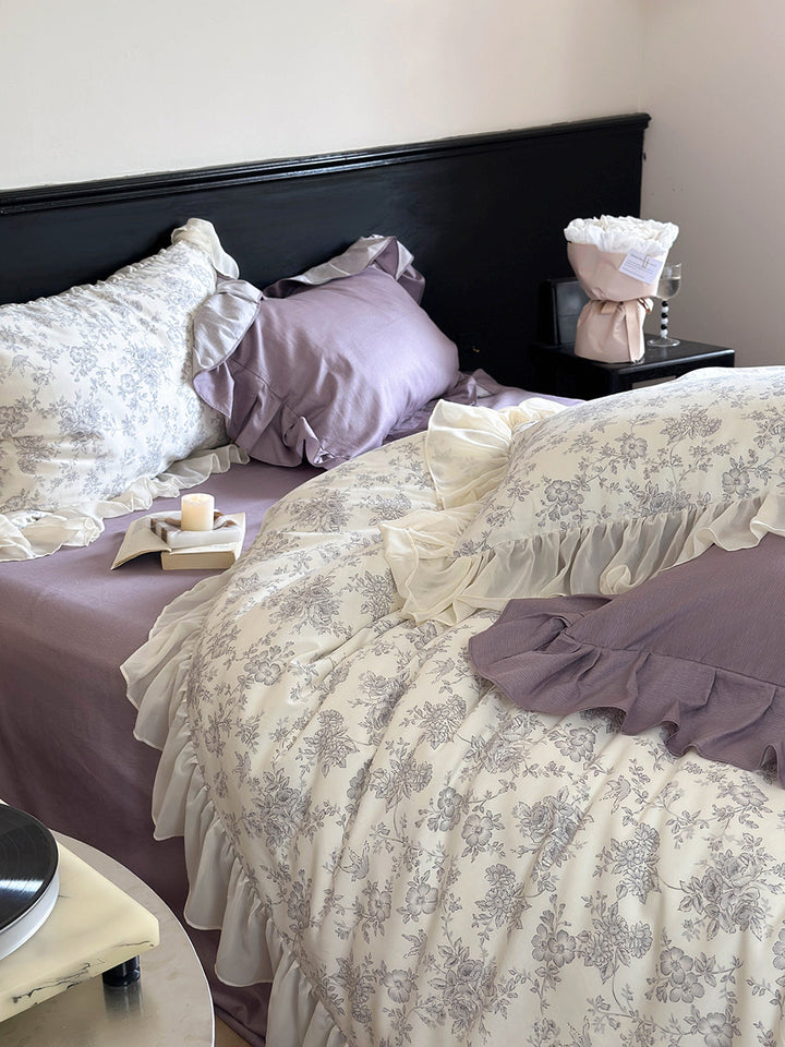 French Floral Print Lace Cotton Duvet Cover