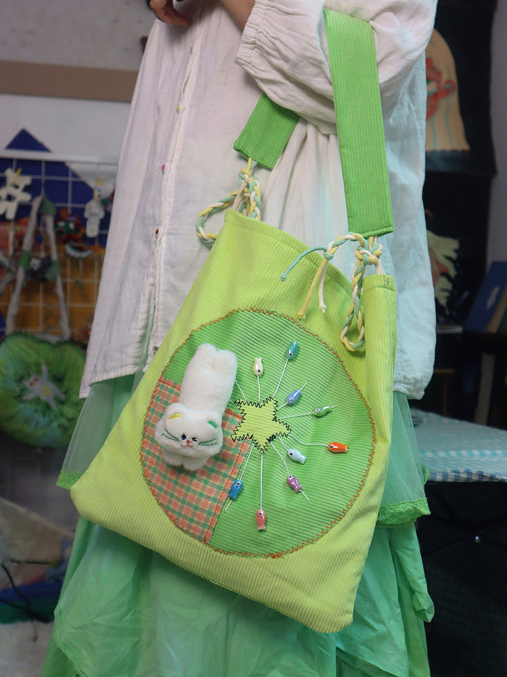 Cat Patch and Fish Beads Green Crossbody Bag