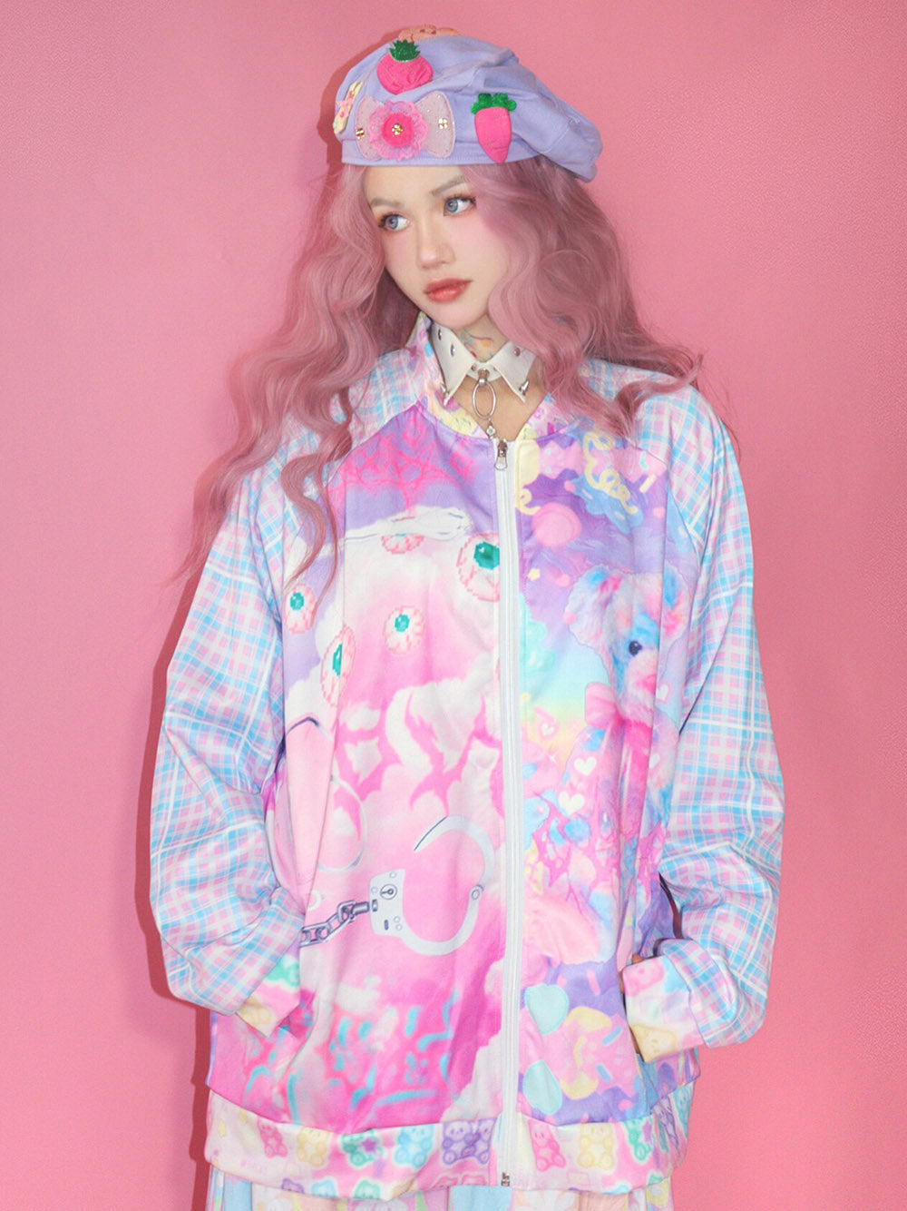 Pastel Teddy Bear Print Zip Jacket