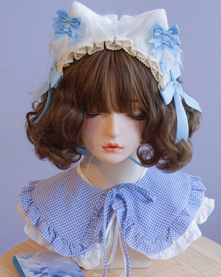 Light Blue Bow Lace Cat Ear Headband