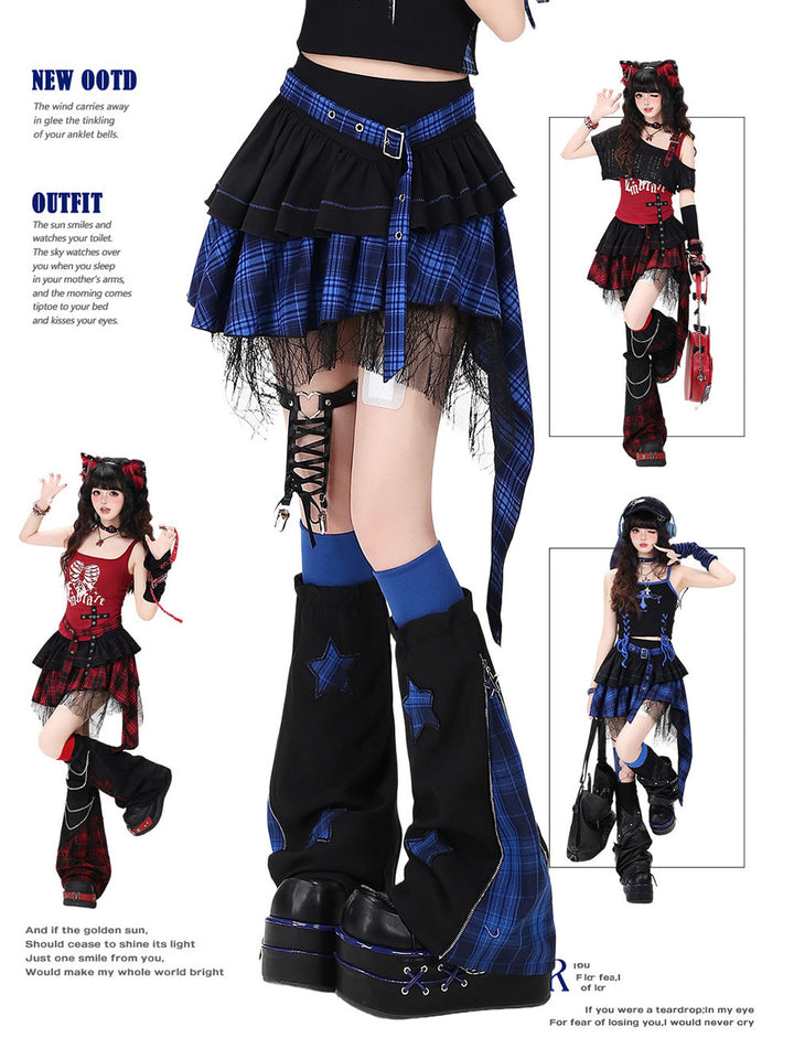 Red Blue Plaid Asymmetric Ruffle Mini Skirt