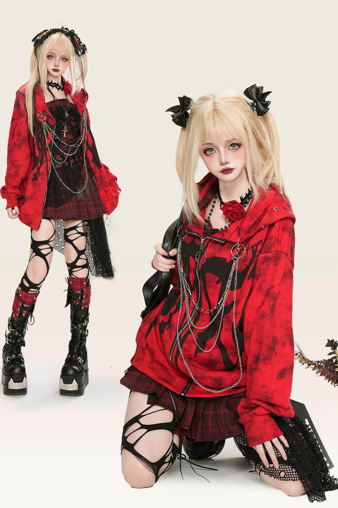 Red Gothic Subculture Chain Punk Style Cardigan Sweatshirt