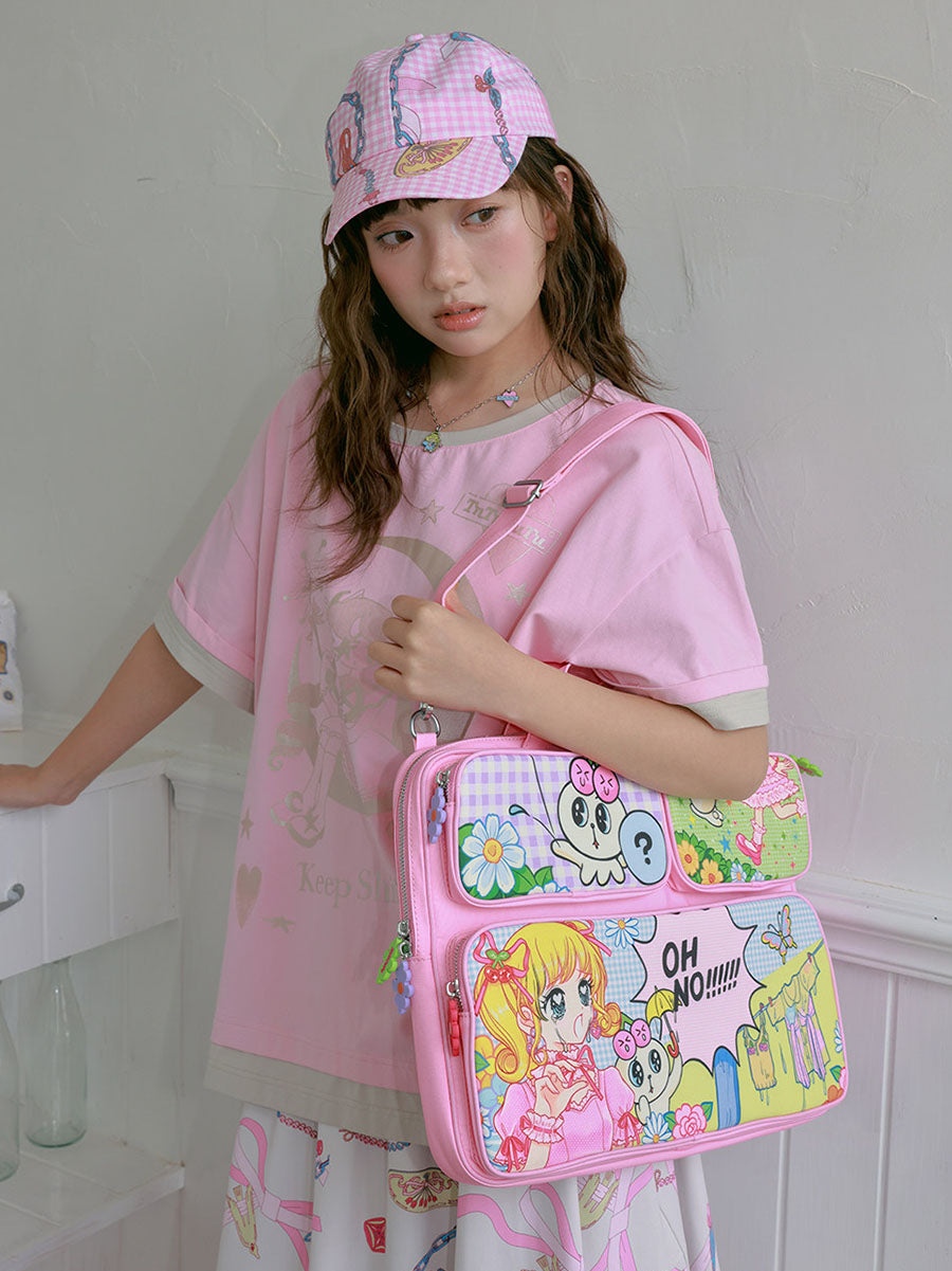 Pink Gingham Chain Print Baseball Cap