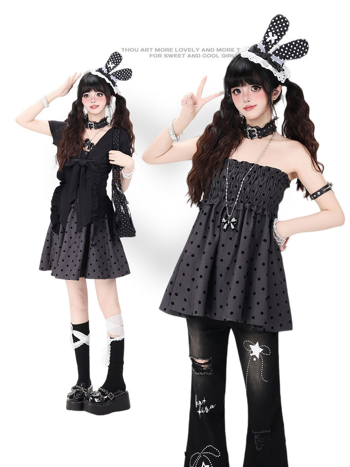 Black Polka Dot Smocked Ruffle Babydoll Top