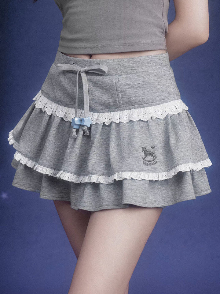 Gray Lace Trim Tiered Mini Skort
