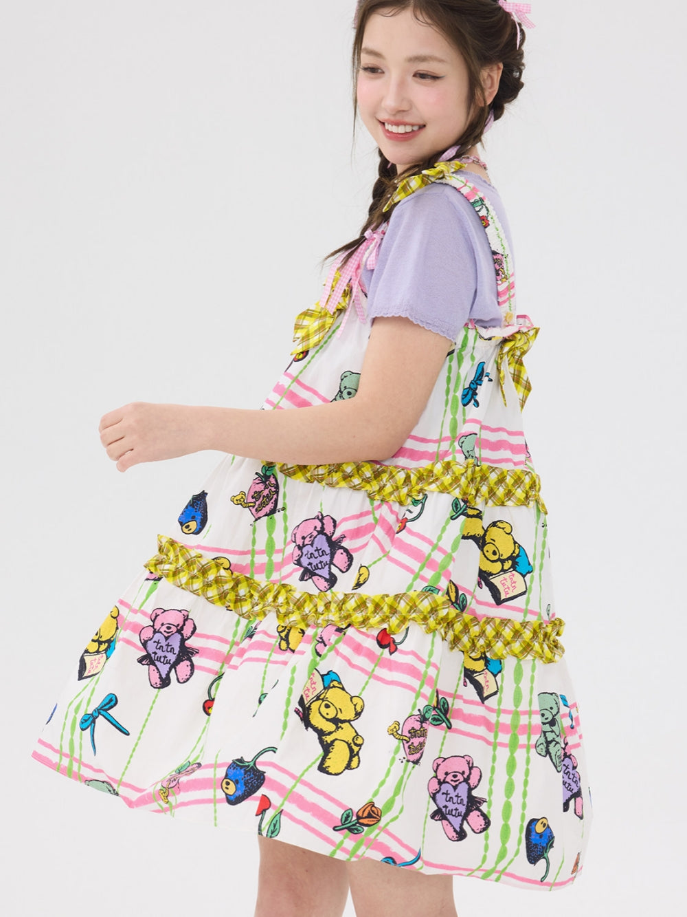 Pastel Bear Print Ruffle Bow Dress
