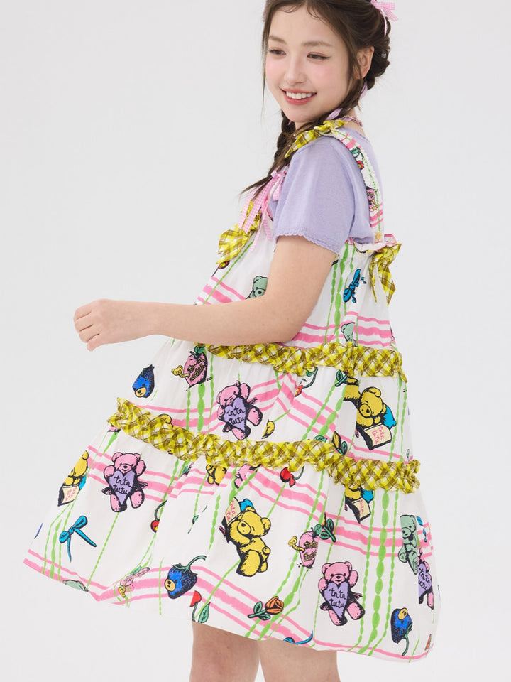 Pastel Bear Print Ruffle Bow Dress
