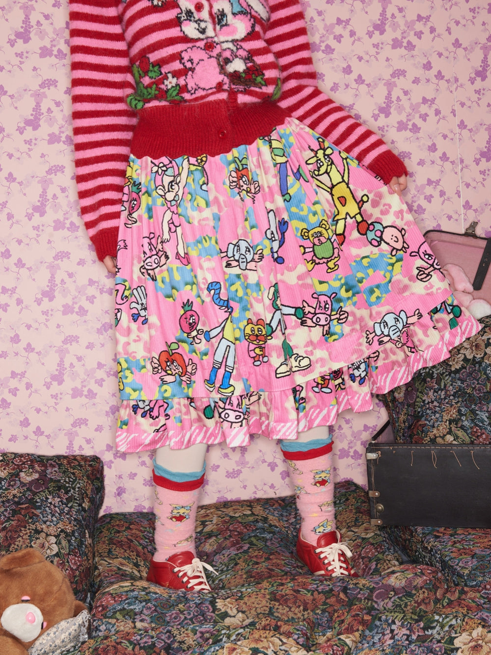 Pink Cartoon Print Ruffle Skirt