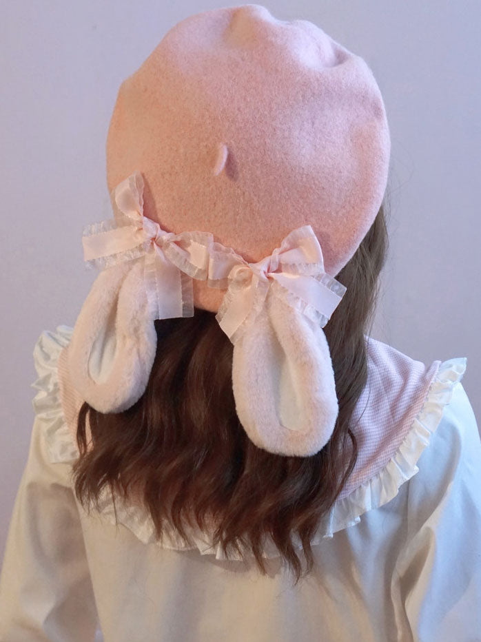 Pink Bunny Ear Bow Wool Beret