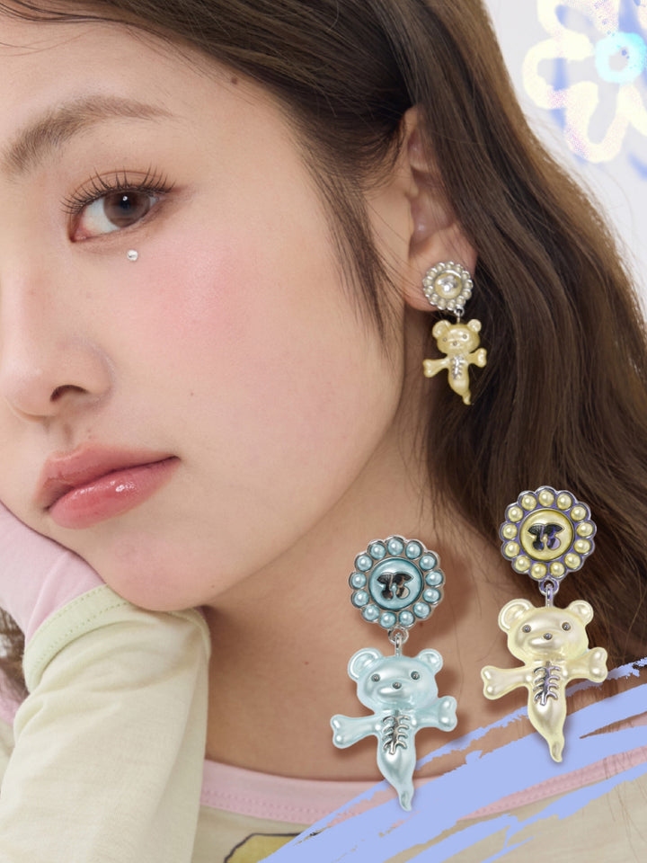 Pearl Bear Drop Stud Earrings