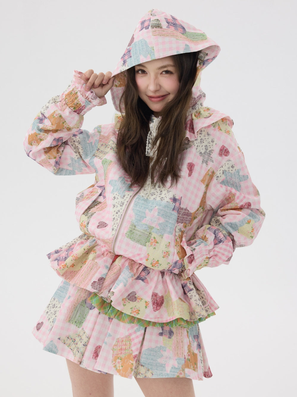 Pink Patchwork Hooded Jacket / Short Skirt