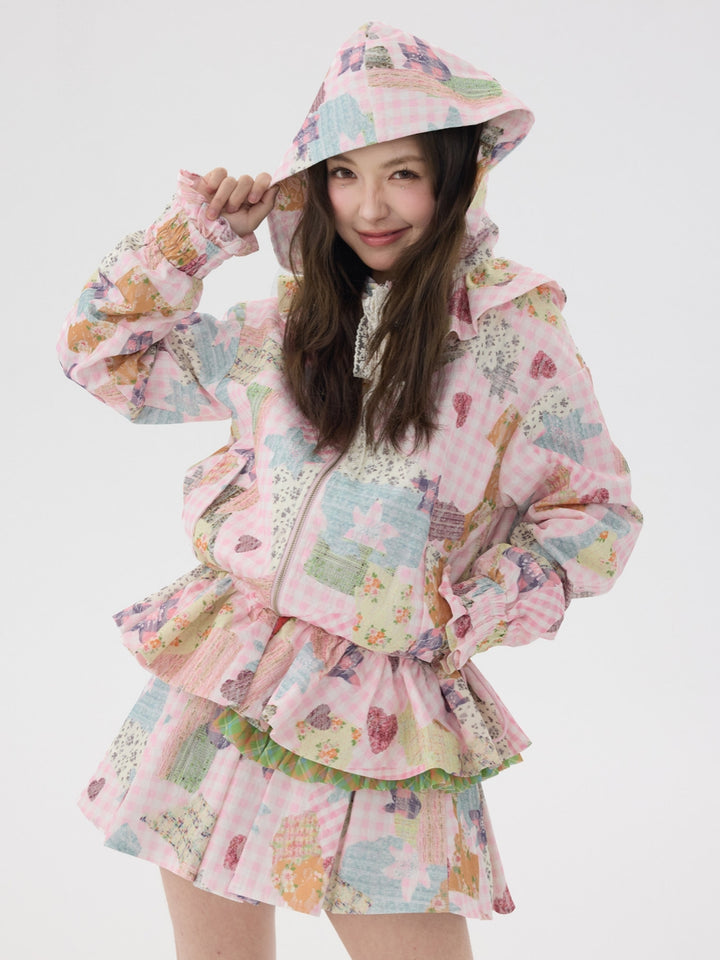 Pink Patchwork Hooded Jacket / Short Skirt