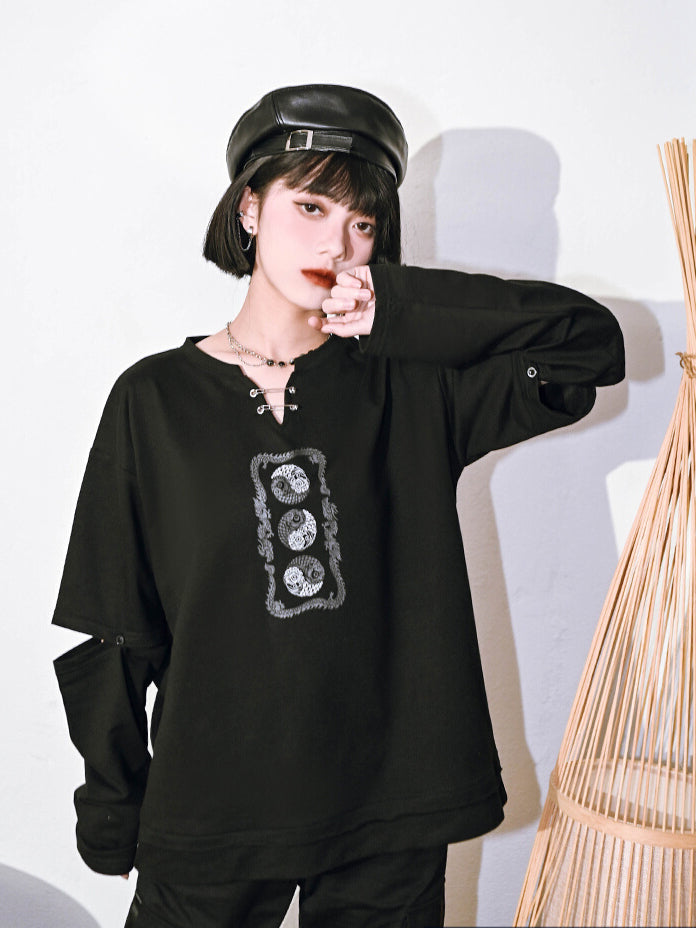 Trendy Chinese-style V-neck top with detachable long sleeves