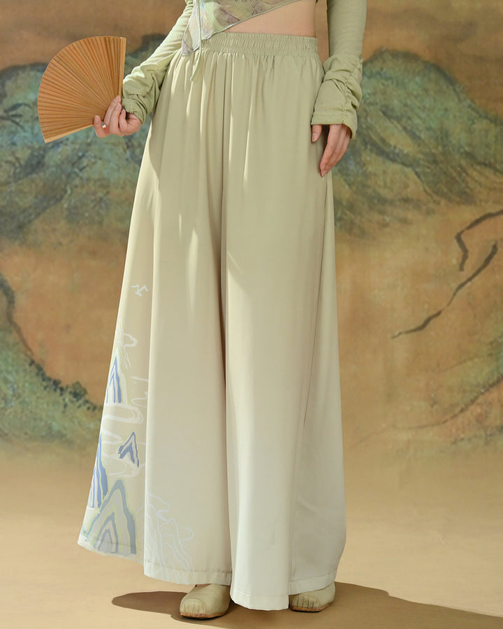 Chinese-style Printed Chiffon Wide-leg Pants