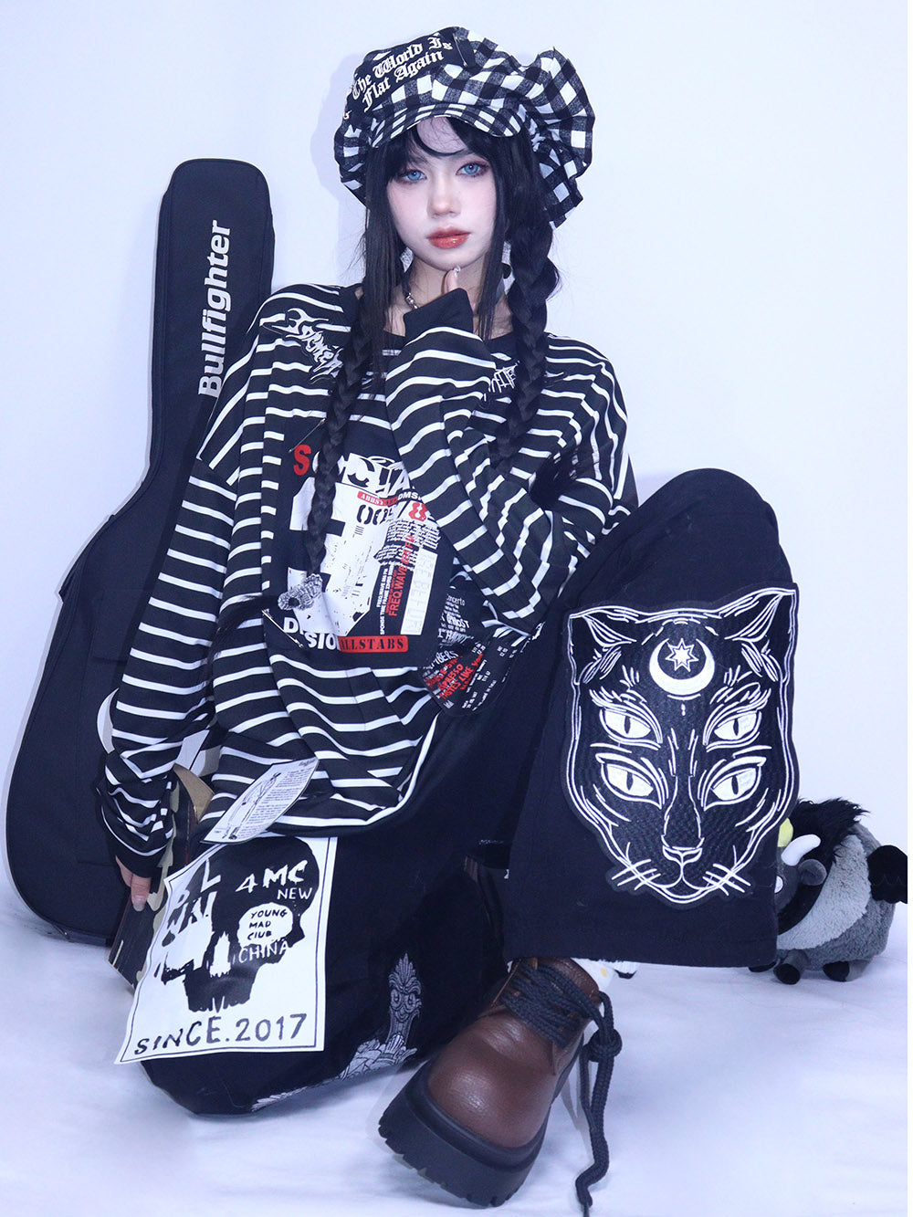 Black Striped Graphic Oversized Long Sleeve T Shirt