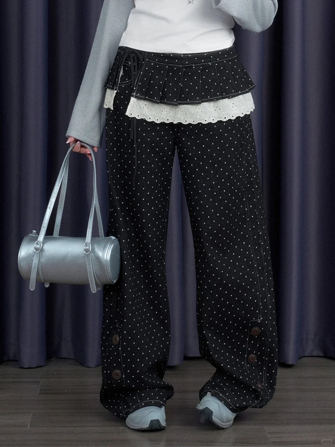 Black Polka Dot Button Detail Wide Leg Pants