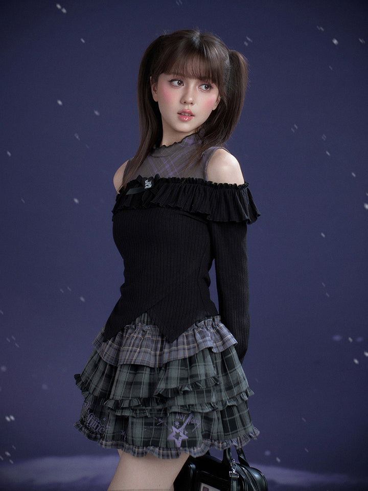 Black Purple Off-Shoulder Long Sleeve Top