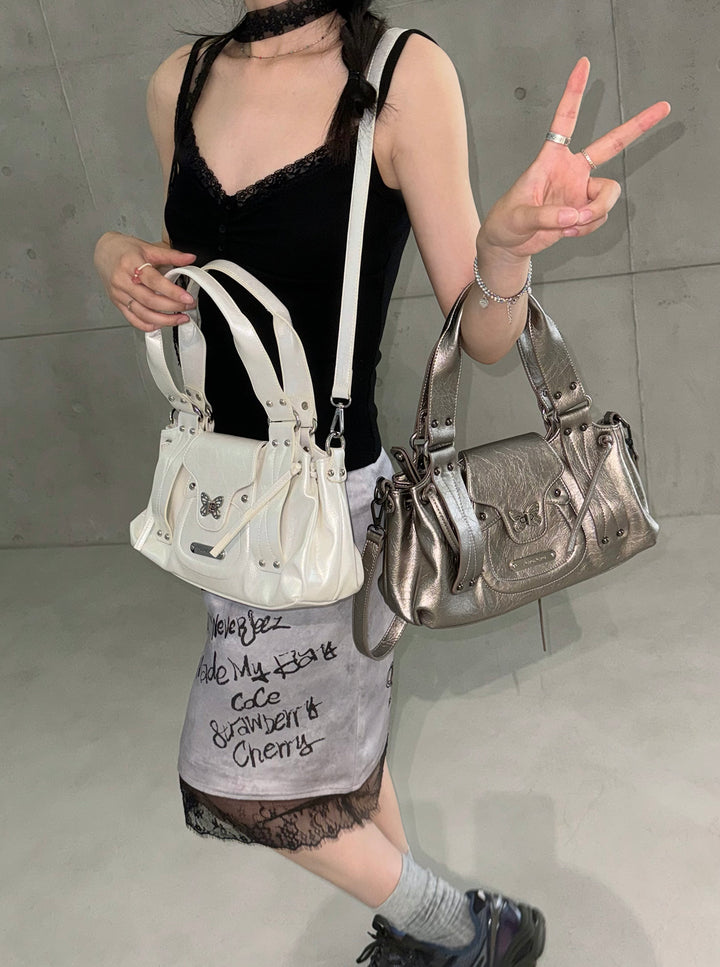 Y2K Metallic Silver Butterfly Biker Shoulder Bag