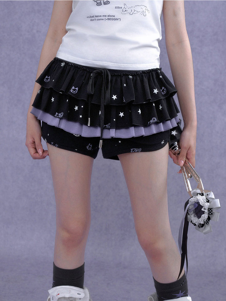 Black Cat Star Layered Ruffle Skort