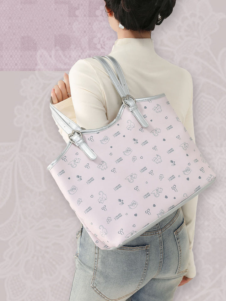 Large-capacity cat and floral print tote bag