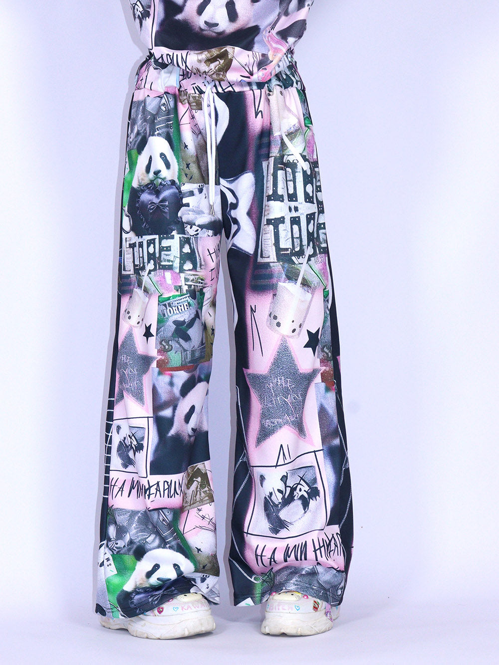 Black Pink Panda Graphic Wide Leg Pants