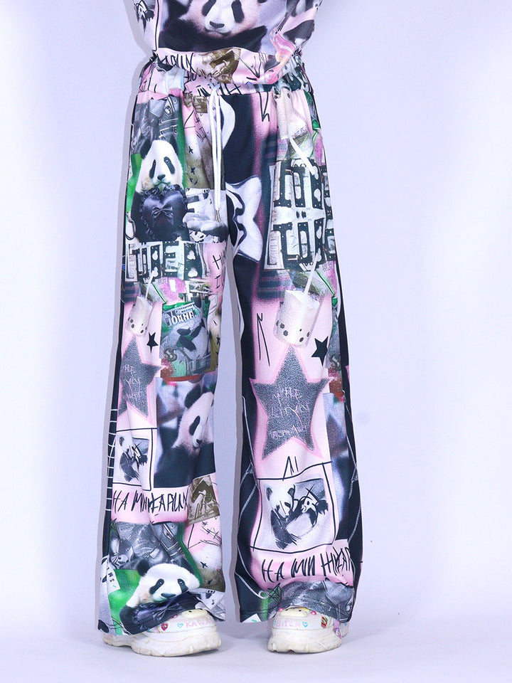 Black Pink Panda Graphic Wide Leg Pants