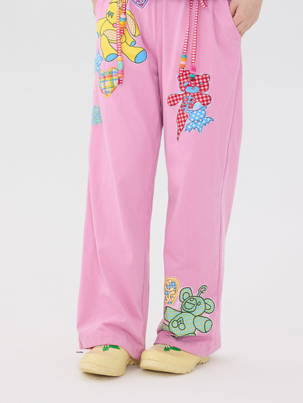 Pink Teddy Bear Patch Wide Leg Pants