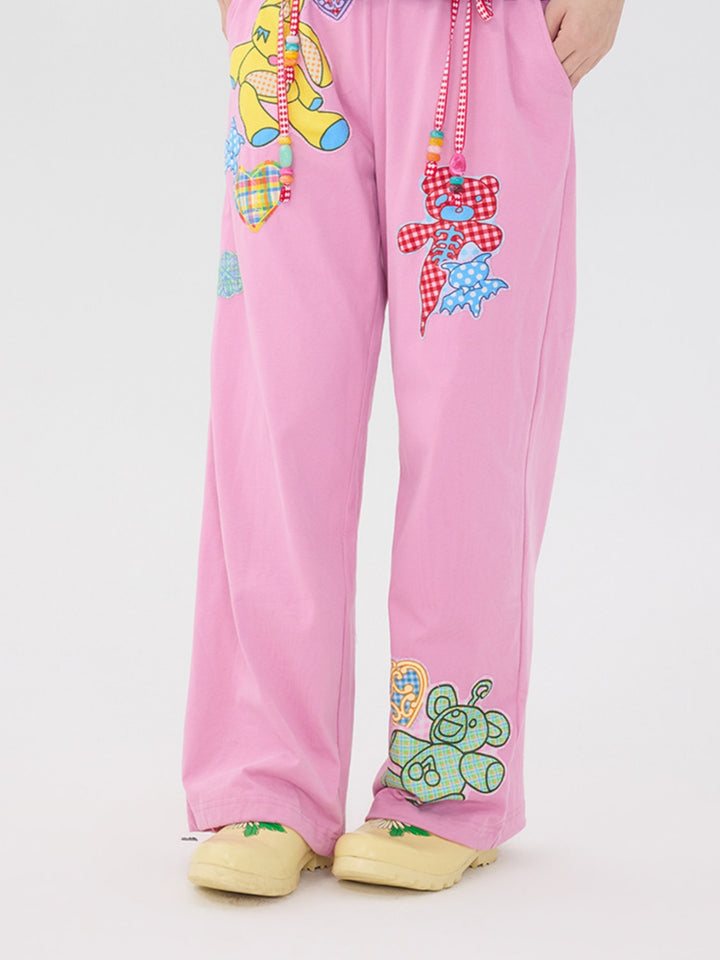 Pink Teddy Bear Patch Wide Leg Pants