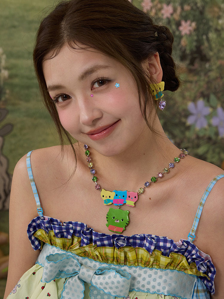Pastel Kitty Rhinestone Necklace / Earrings