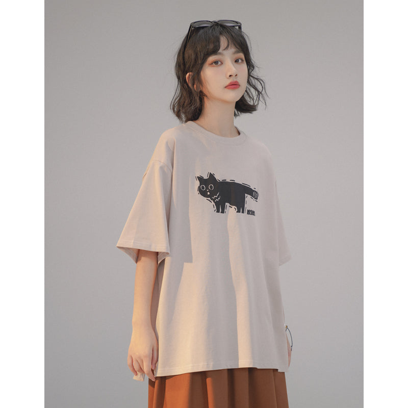 Summer Cartoon Cat Printed Short-sleeve Round-neck T-shirt