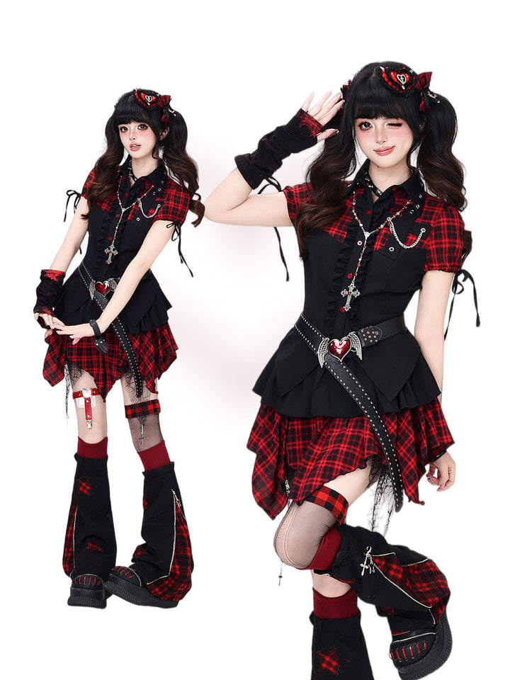Gothic Red Plaid Top Skirt