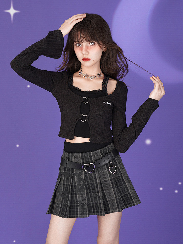 Gray Plaid Heart Belt Pleated Mini Skirt