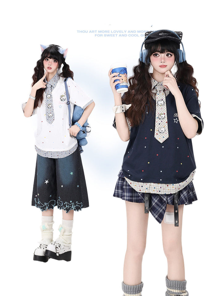 Star Print Collar Tie T Shirt