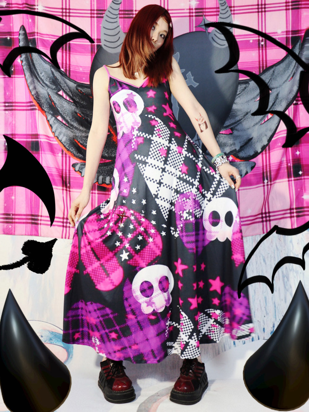 Black Pink Skull Plaid Gothic Maxi Dress