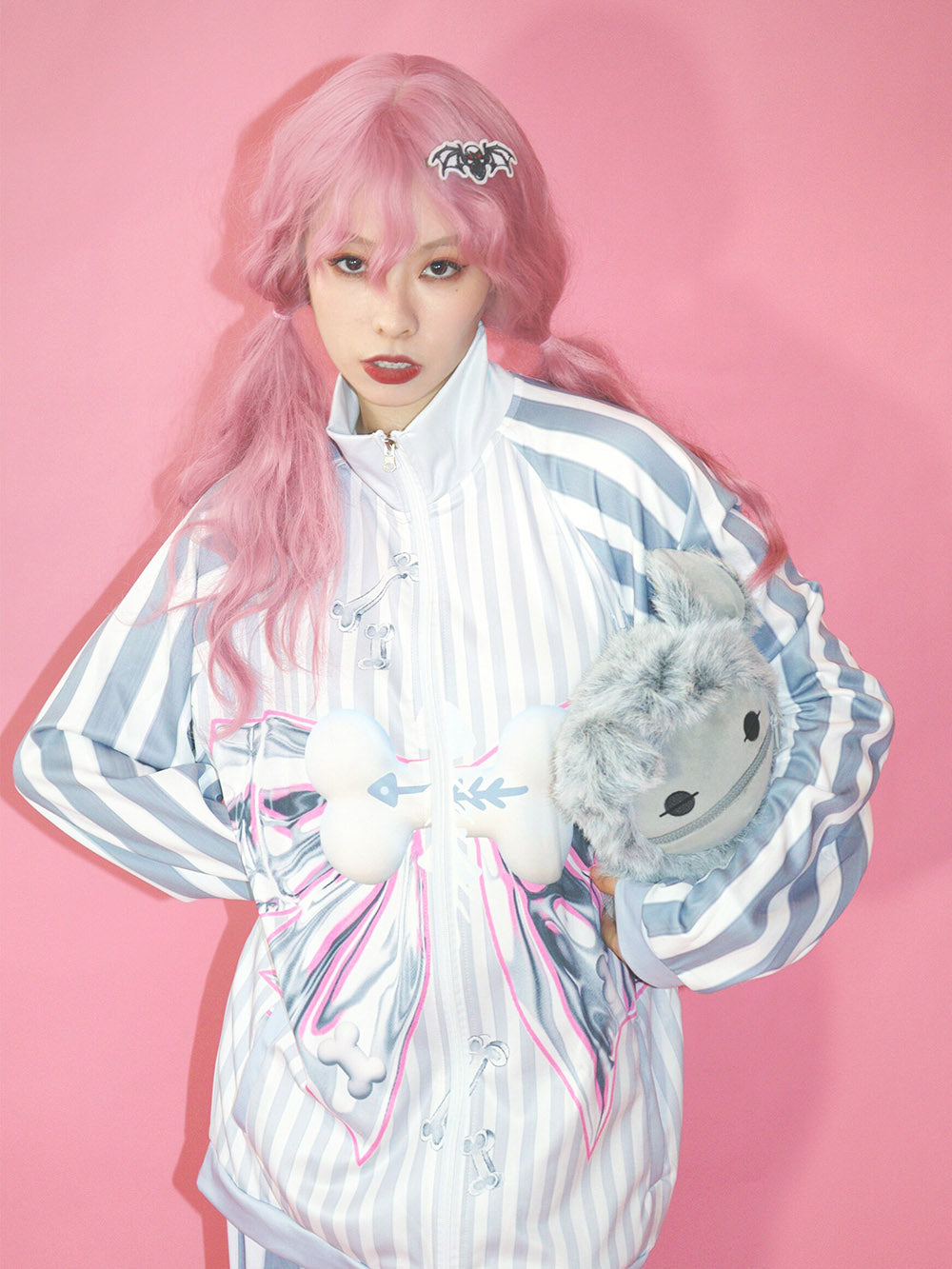 Grey Striped Bow Print Zip Jacket