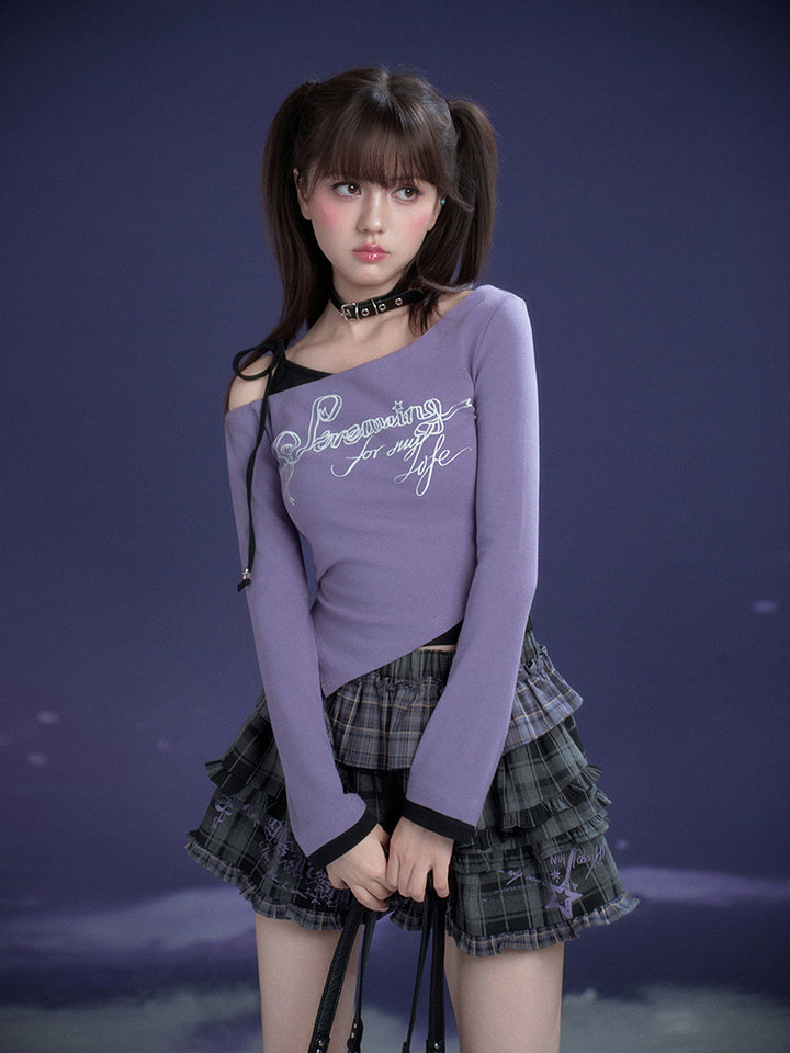 Purple Letter Print Layered Style Long Sleeve Top