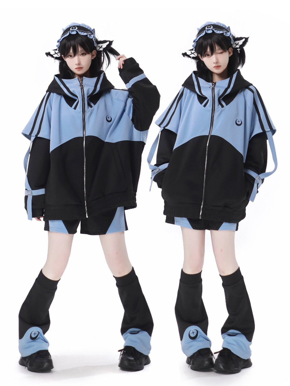 Cyber Y2K Color Block Jacket Shorts Pants Leg Warmers Headband
