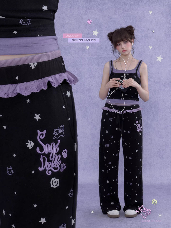Black Cat Star Print Ruffle Wide Leg Pants