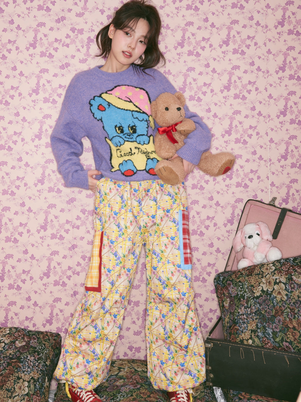 Yellow Floral Plaid Wide Leg Pants