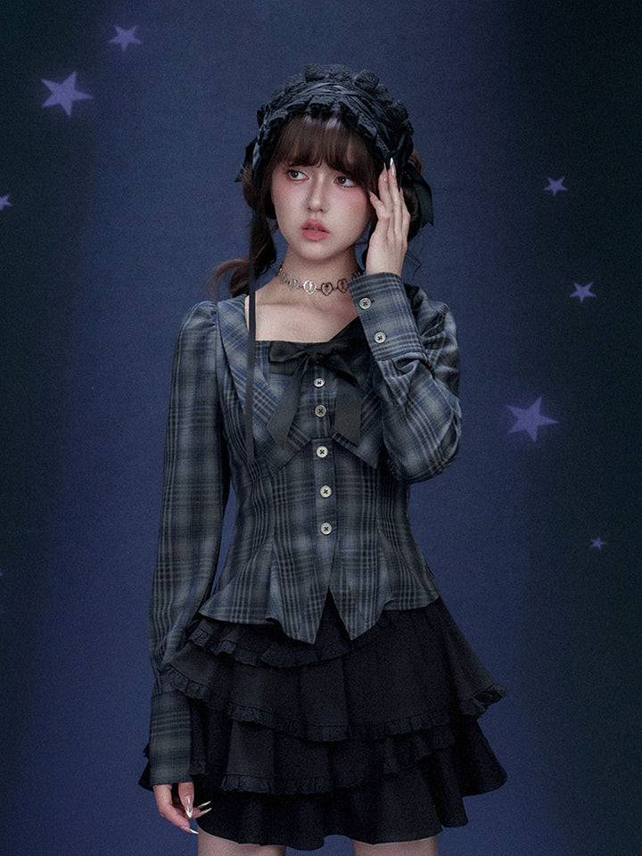 Jirai Plaid Bow Corset Long Sleeve Top