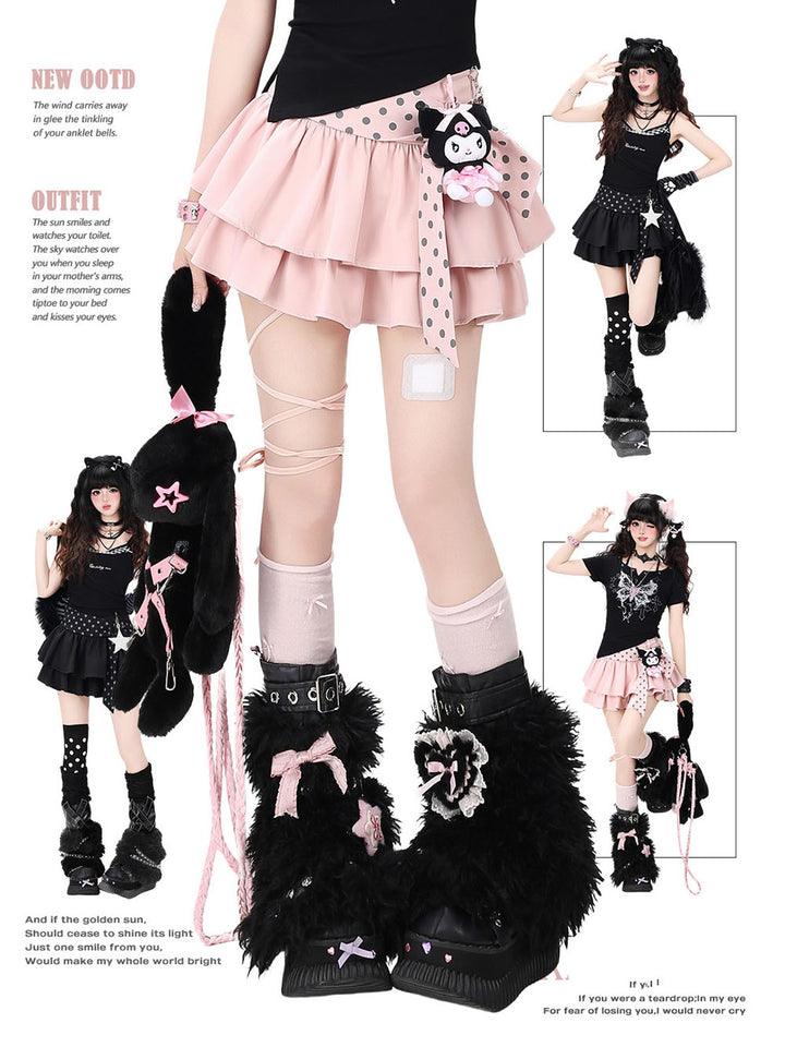 Polka Dot Sash Layered Ruffle Mini Skirt
